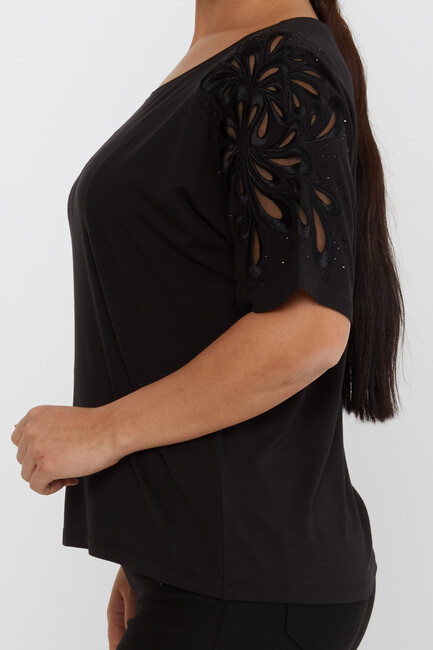 Women's Blouse Embroidered Stone Tulle Detail Black - 79916 | KAZEE - Thumbnail