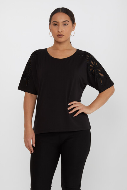 Women's Blouse Embroidered Stone Tulle Detail Black - 79916 | KAZEE - Thumbnail