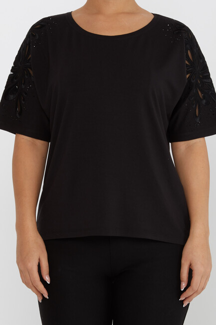 Women's Blouse Embroidered Stone Tulle Detail Black - 79916 | KAZEE - Thumbnail