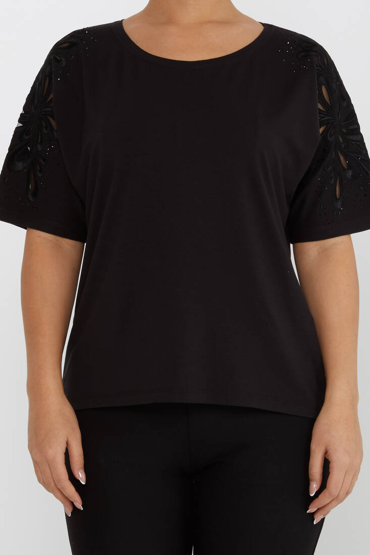 Women's Blouse Embroidered Stone Tulle Detail Black - 79916 | KAZEE