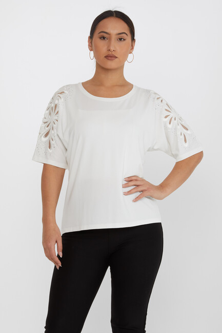 Women's Blouse Embroidered Stone Tulle Detail Ecru - 79916 | KAZEE - Thumbnail