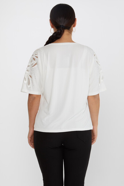 Women's Blouse Embroidered Stone Tulle Detail Ecru - 79916 | KAZEE - Thumbnail