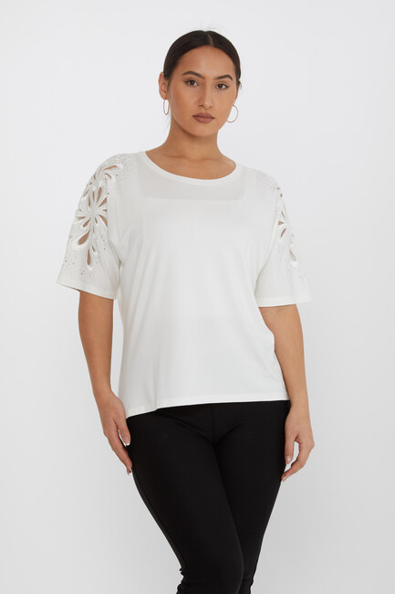 Women's Blouse Embroidered Stone Tulle Detail Ecru - 79916 | KAZEE - Thumbnail