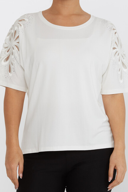 Women's Blouse Embroidered Stone Tulle Detail Ecru - 79916 | KAZEE - Thumbnail