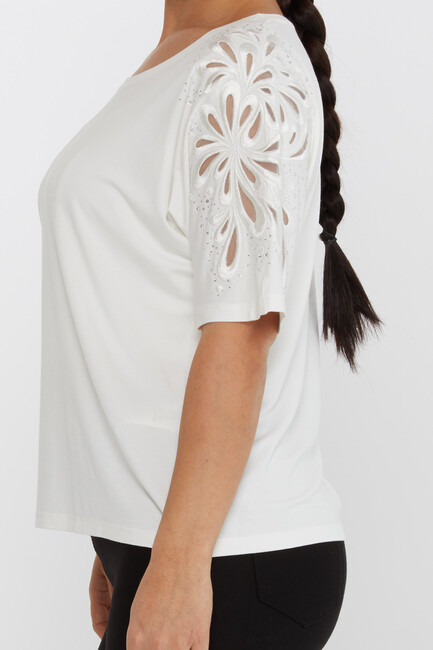 Women's Blouse Embroidered Stone Tulle Detail Ecru - 79916 | KAZEE - Thumbnail