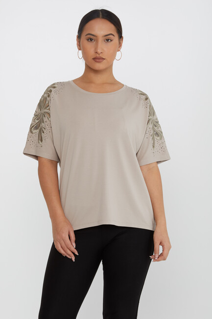 Women's Blouse Embroidered Stone Tulle Detailed Mink - 79916 | KAZEE - Thumbnail