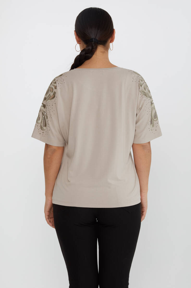 Women's Blouse Embroidered Stone Tulle Detailed Mink - 79916 | KAZEE