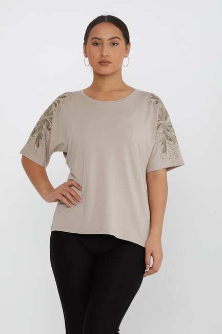 Women's Blouse Embroidered Stone Tulle Detailed Mink - 79916 | KAZEE - Thumbnail