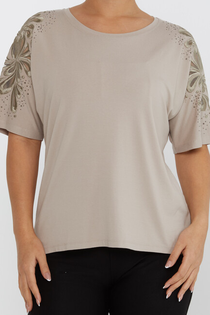 Women's Blouse Embroidered Stone Tulle Detailed Mink - 79916 | KAZEE - Thumbnail