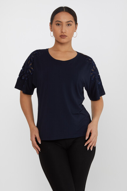 Women's Blouse Embroidered Stone Tulle Detail Navy Blue - 79916 | KAZEE - Thumbnail