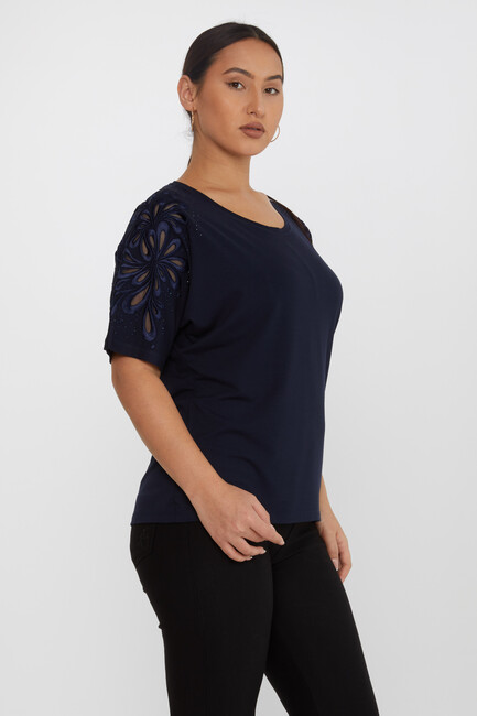 Women's Blouse Embroidered Stone Tulle Detail Navy Blue - 79916 | KAZEE - Thumbnail