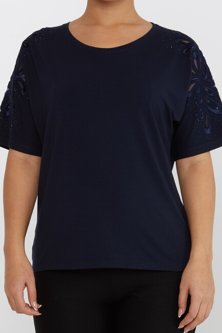 Women's Blouse Embroidered Stone Tulle Detail Navy Blue - 79916 | KAZEE - Thumbnail