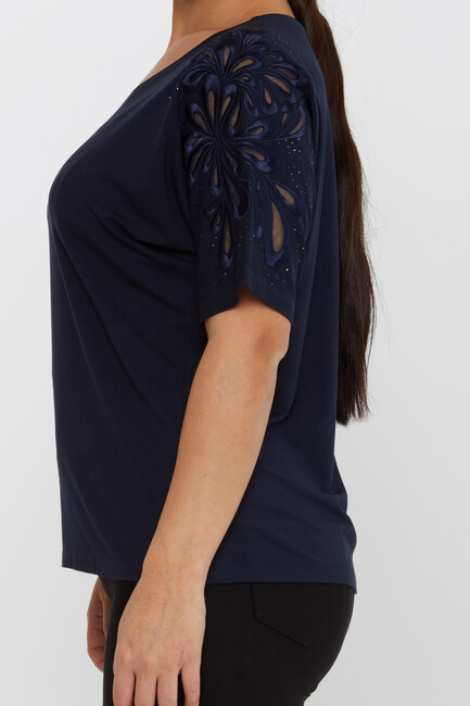 Women's Blouse Embroidered Stone Tulle Detail Navy Blue - 79916 | KAZEE - Thumbnail