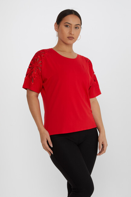 Women's Blouse Embroidered Stone Tulle Detail Red - 79916 | KAZEE - Thumbnail