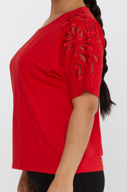 Women's Blouse Embroidered Stone Tulle Detail Red - 79916 | KAZEE - Thumbnail