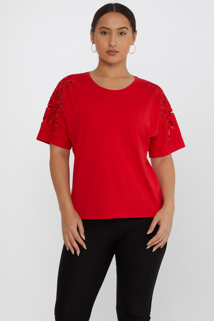 Women's Blouse Embroidered Stone Tulle Detail Red - 79916 | KAZEE - Thumbnail