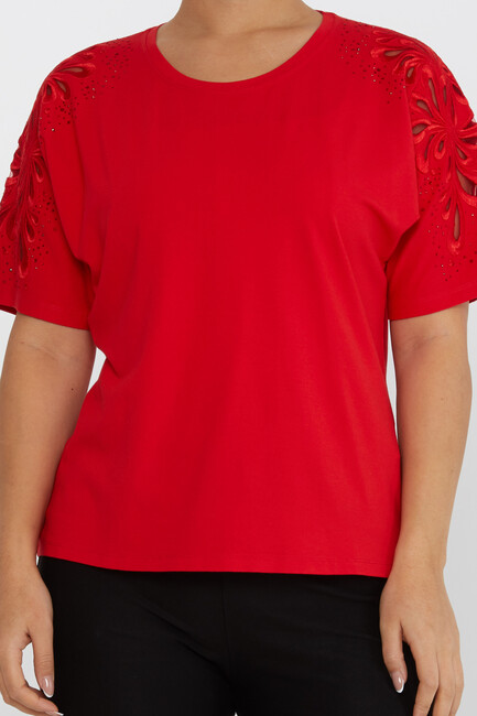 Women's Blouse Embroidered Stone Tulle Detail Red - 79916 | KAZEE - Thumbnail