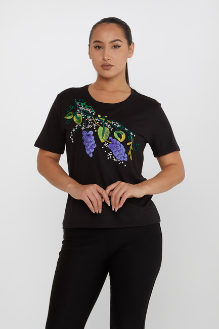 Women's Blouse Floral Embroidery Detailed Crew Neck Black - 80109 | KAZEE - Thumbnail