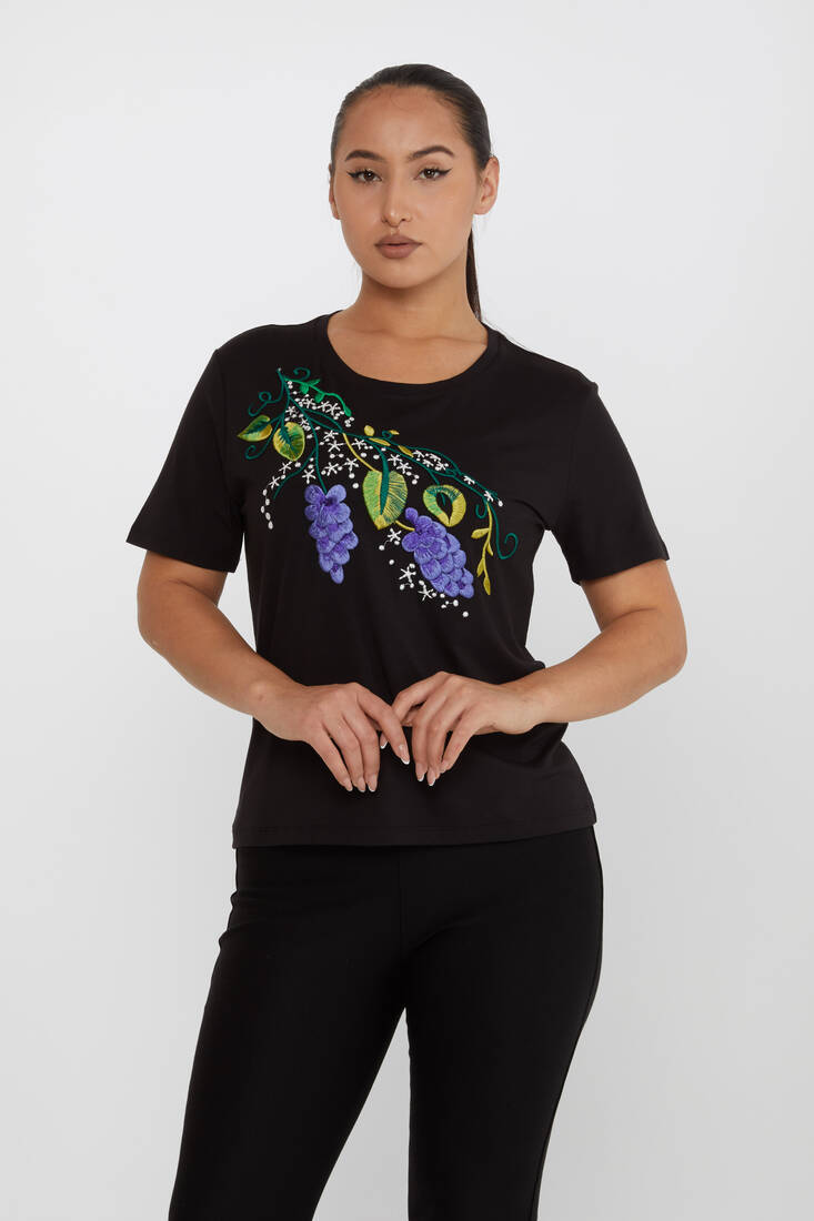 Women's Blouse Floral Embroidery Detailed Crew Neck Black - 80109 | KAZEE