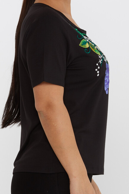 Women's Blouse Floral Embroidery Detailed Crew Neck Black - 80109 | KAZEE - Thumbnail