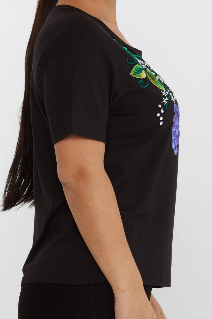 Women's Blouse Floral Embroidery Detailed Crew Neck Black - 80109 | KAZEE