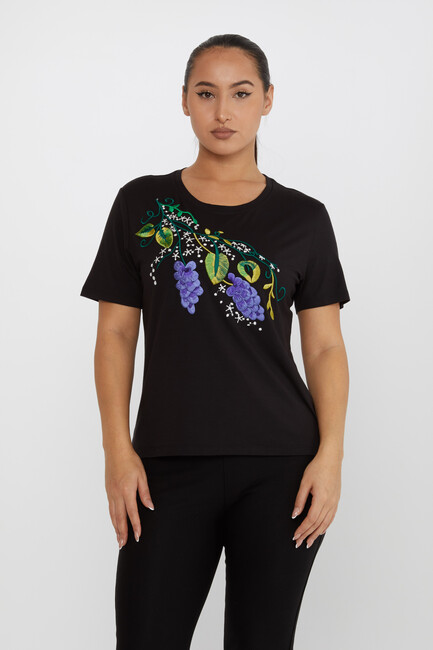 Women's Blouse Floral Embroidery Detailed Crew Neck Black - 80109 | KAZEE - Thumbnail