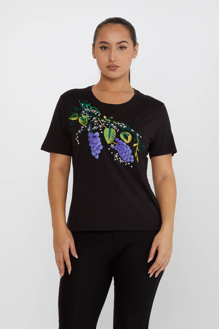 Women's Blouse Floral Embroidery Detailed Crew Neck Black - 80109 | KAZEE