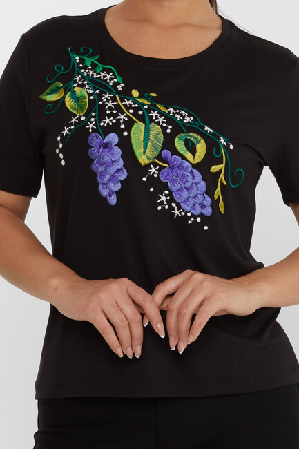 Women's Blouse Floral Embroidery Detailed Crew Neck Black - 80109 | KAZEE - Thumbnail