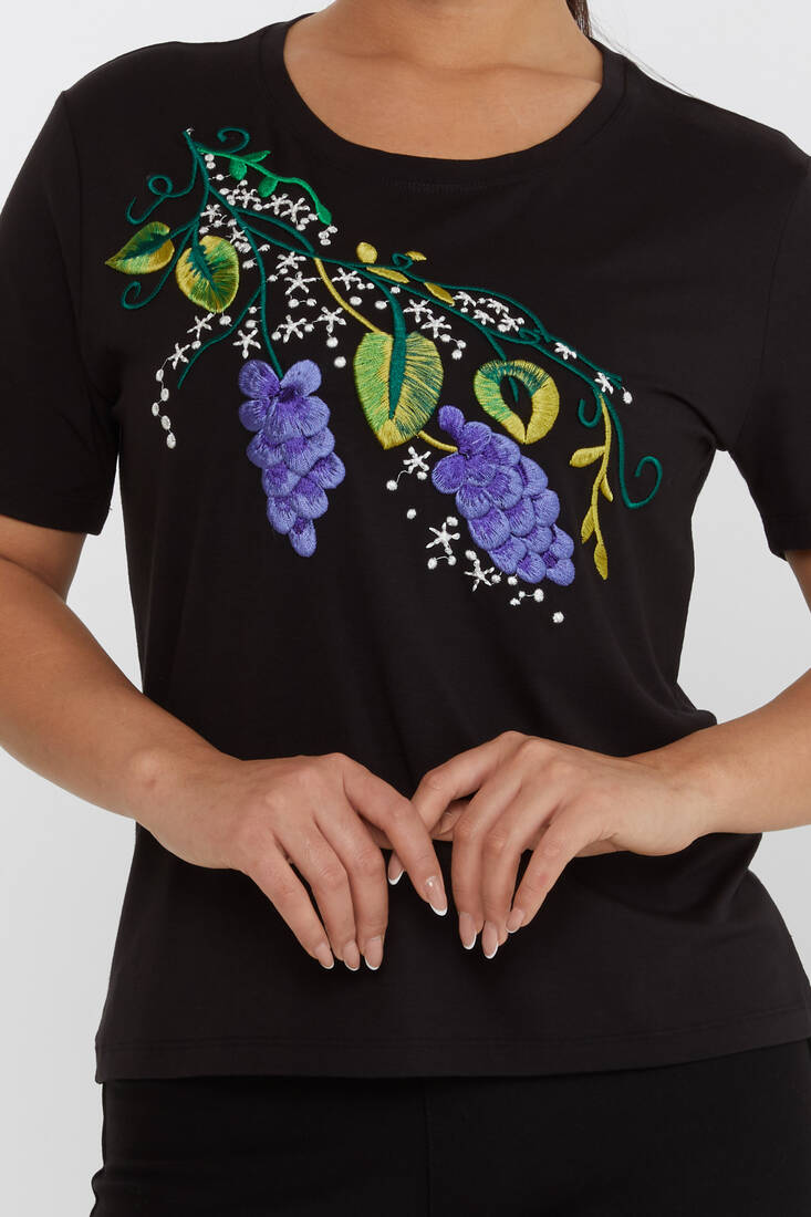 Women's Blouse Floral Embroidery Detailed Crew Neck Black - 80109 | KAZEE