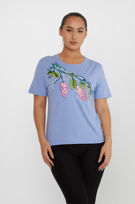 Women's Blouse Floral Embroidery Detailed Crew Neck Blue - 80109 | KAZEE - Thumbnail