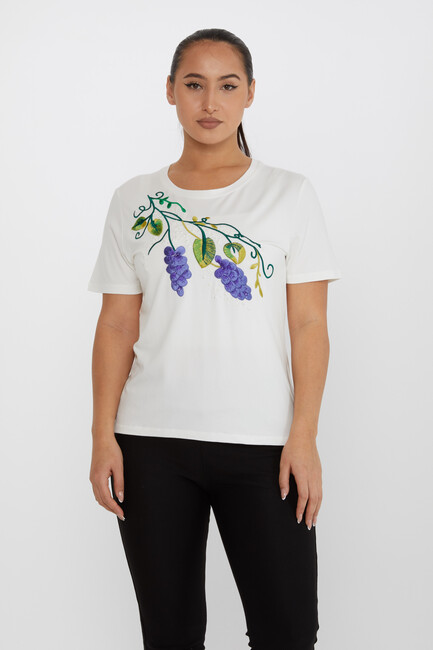 Women's Blouse Floral Embroidery Detailed Crew Neck Ecru - 80109 | KAZEE - Thumbnail