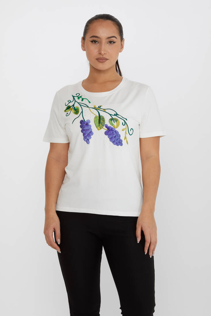 Women's Blouse Floral Embroidery Detailed Crew Neck Ecru - 80109 | KAZEE