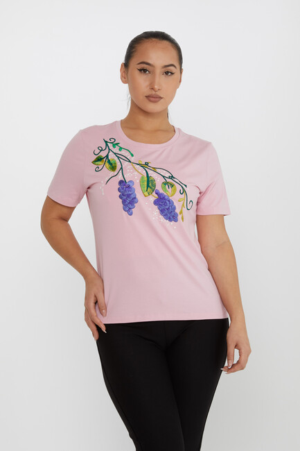 Women's Blouse Floral Embroidery Detailed Crew Neck Pink - 80109 | KAZEE - Thumbnail