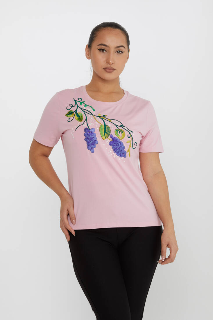 Women's Blouse Floral Embroidery Detailed Crew Neck Pink - 80109 | KAZEE