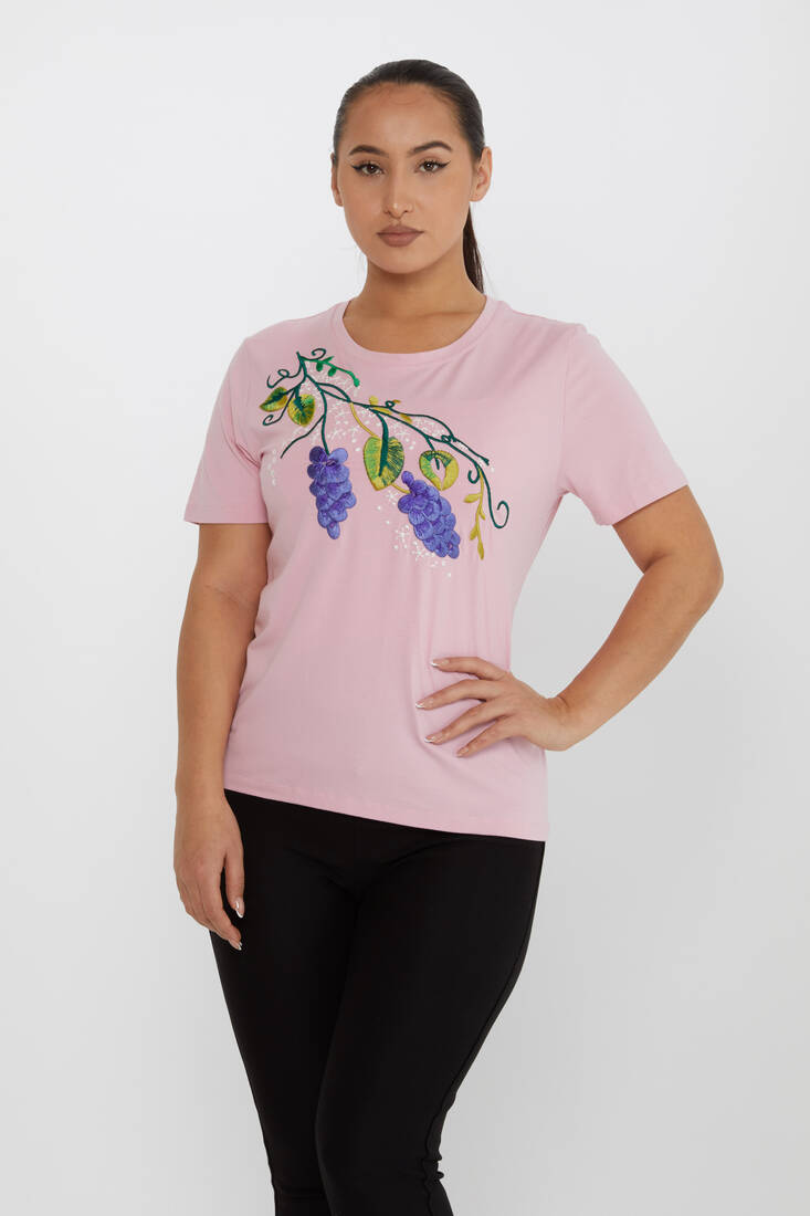 Women's Blouse Floral Embroidery Detailed Crew Neck Pink - 80109 | KAZEE