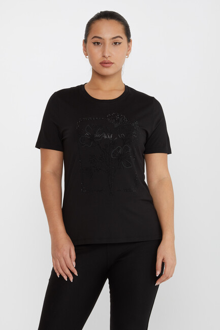 Women's Blouse Flower Stone Detail Short Sleeve Black - 79929 | KAZEE - Thumbnail