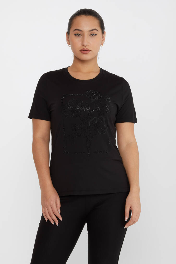 Women's Blouse Flower Stone Detail Short Sleeve Black - 79929 | KAZEE