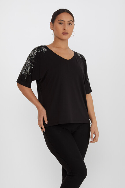 Women's Blouse Flower Stone Detail Short Sleeve Black - 80101 | KAZEE - Thumbnail