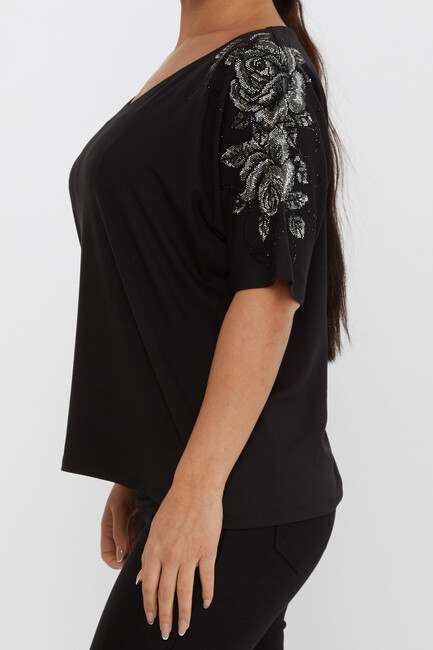 Women's Blouse Flower Stone Detail Short Sleeve Black - 80101 | KAZEE - Thumbnail