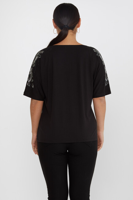 Women's Blouse Flower Stone Detail Short Sleeve Black - 80101 | KAZEE - Thumbnail