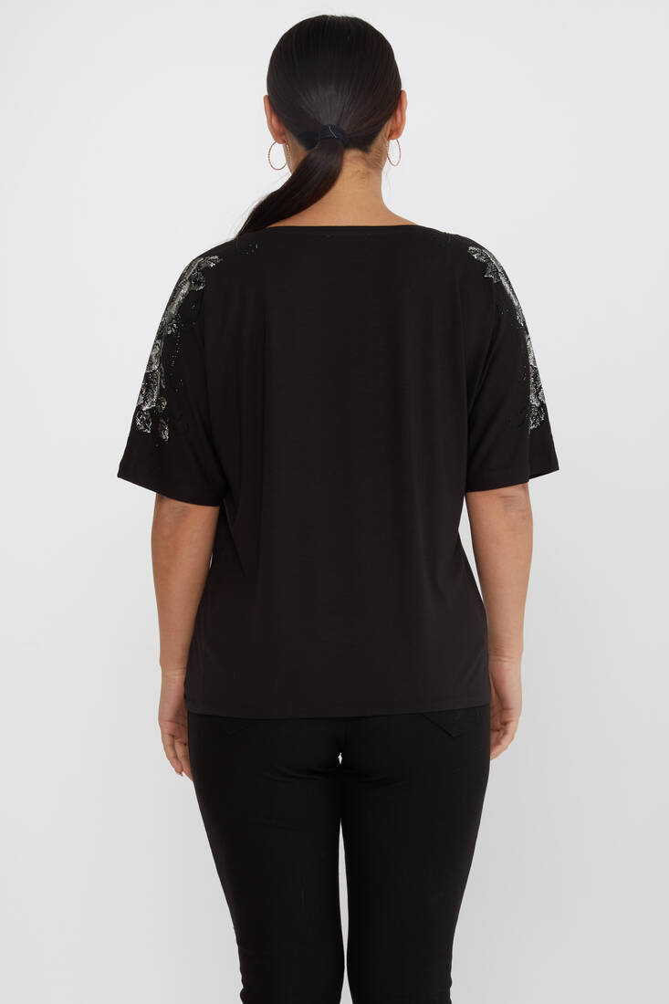 Women's Blouse Flower Stone Detail Short Sleeve Black - 80101 | KAZEE