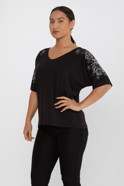 Women's Blouse Flower Stone Detail Short Sleeve Black - 80101 | KAZEE - Thumbnail