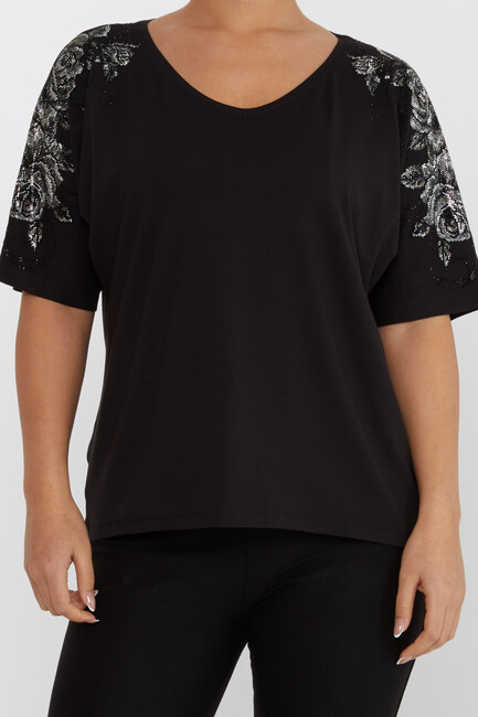 Women's Blouse Flower Stone Detail Short Sleeve Black - 80101 | KAZEE - Thumbnail