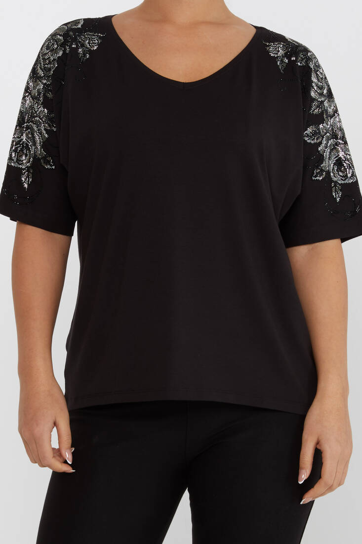 Women's Blouse Flower Stone Detail Short Sleeve Black - 80101 | KAZEE