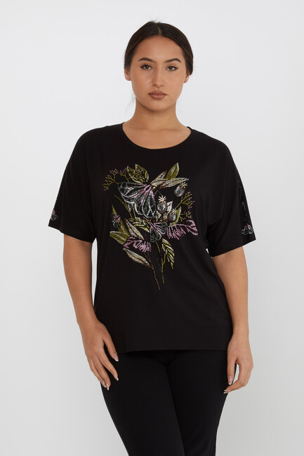 Women's Blouse Flower Stone Detail Short Sleeve Black - 80108 | KAZEE - Thumbnail