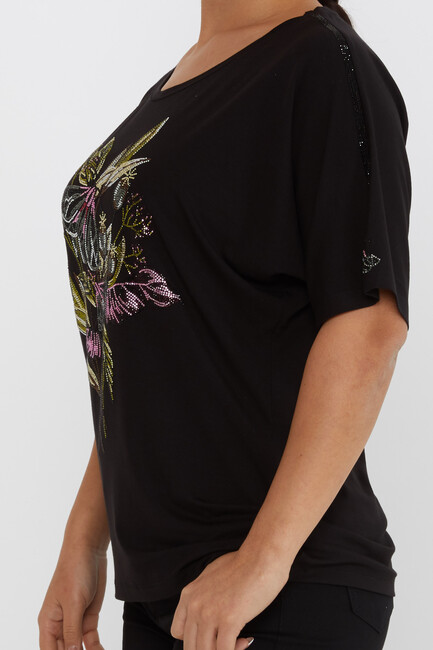 Women's Blouse Flower Stone Detail Short Sleeve Black - 80108 | KAZEE - Thumbnail