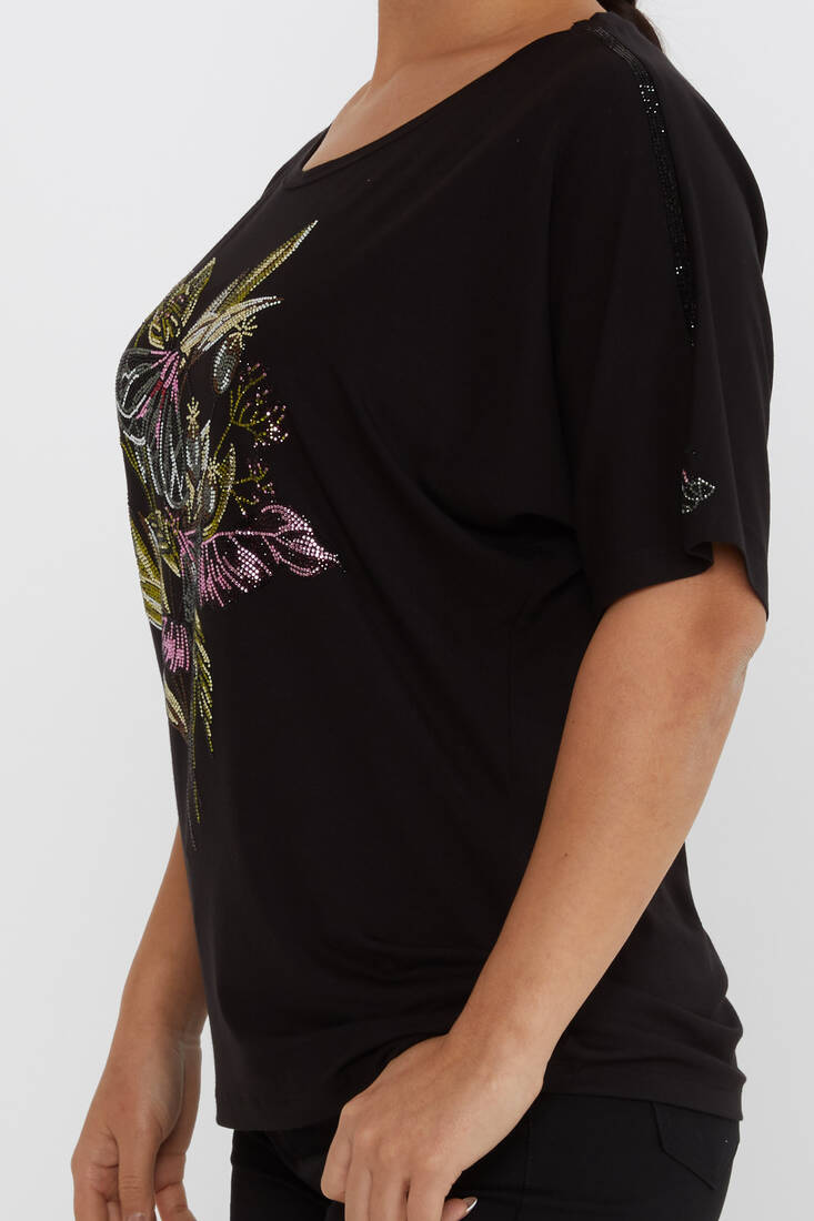 Women's Blouse Flower Stone Detail Short Sleeve Black - 80108 | KAZEE