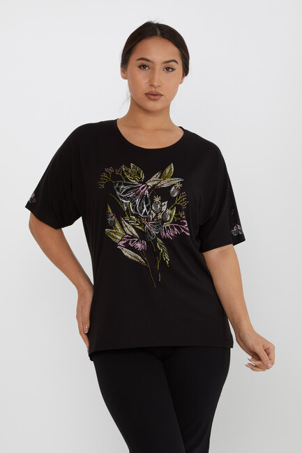 Women's Blouse Flower Stone Detail Short Sleeve Black - 80108 | KAZEE - Thumbnail