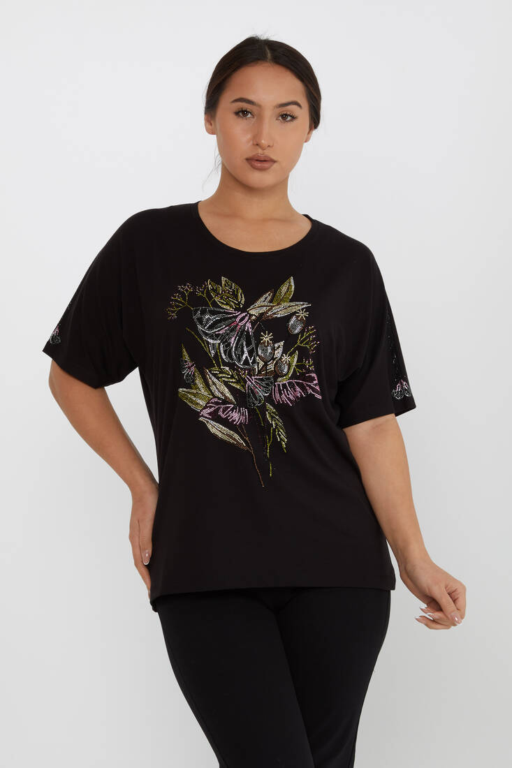 Women's Blouse Flower Stone Detail Short Sleeve Black - 80108 | KAZEE