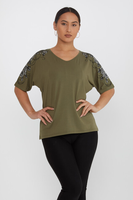 Women's Blouse Flower Stone Detail Short Sleeve Khaki - 80101 | KAZEE - Thumbnail